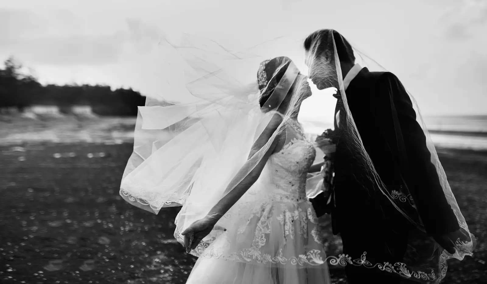 Black-and-white portrait of a bride and groom